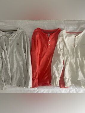 Kids Long-Sleeve Henley Shirt -bundle. Gray, coral, and cream